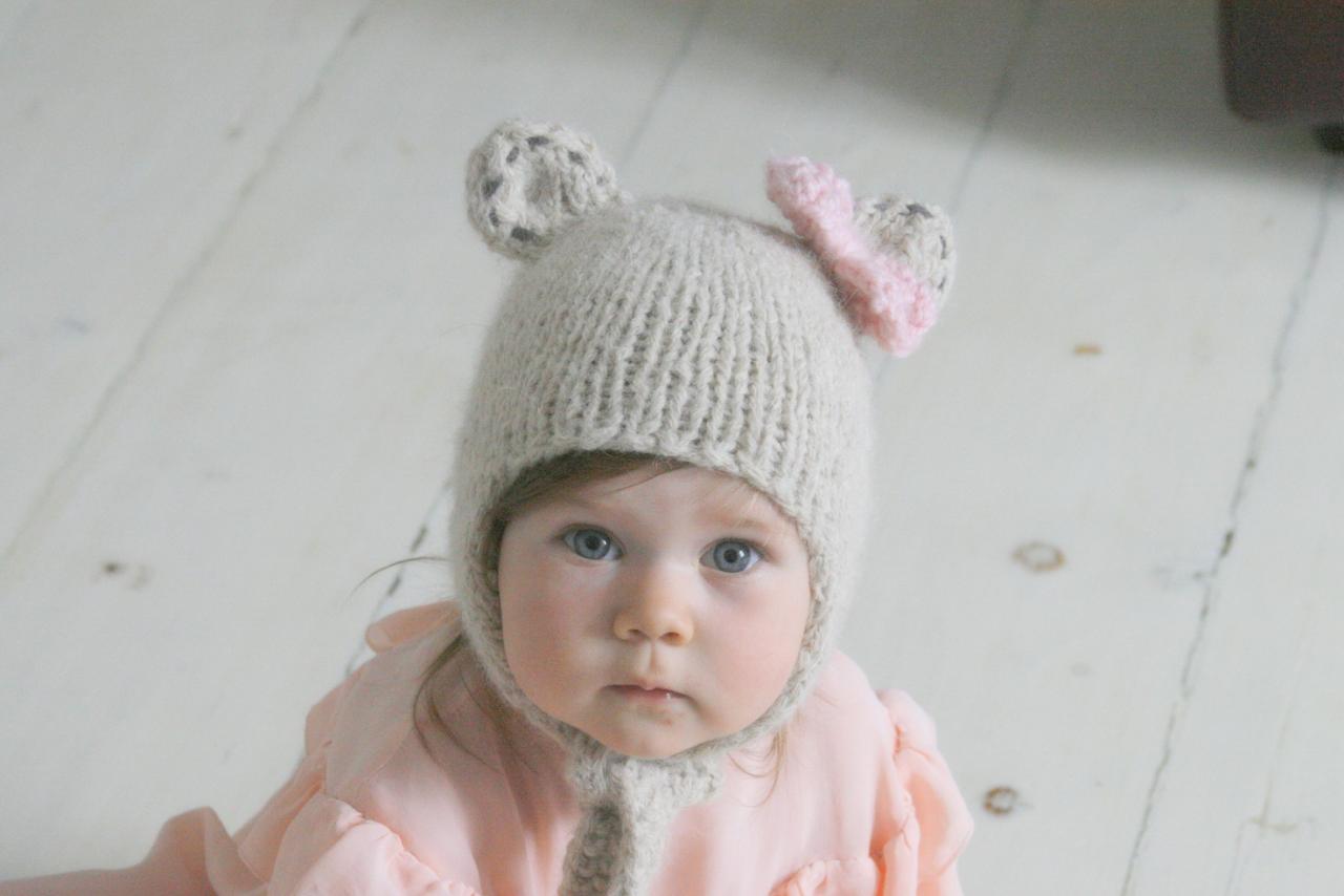 Knitting Pattern Baby Bear Bow Earflap Hat Nalle