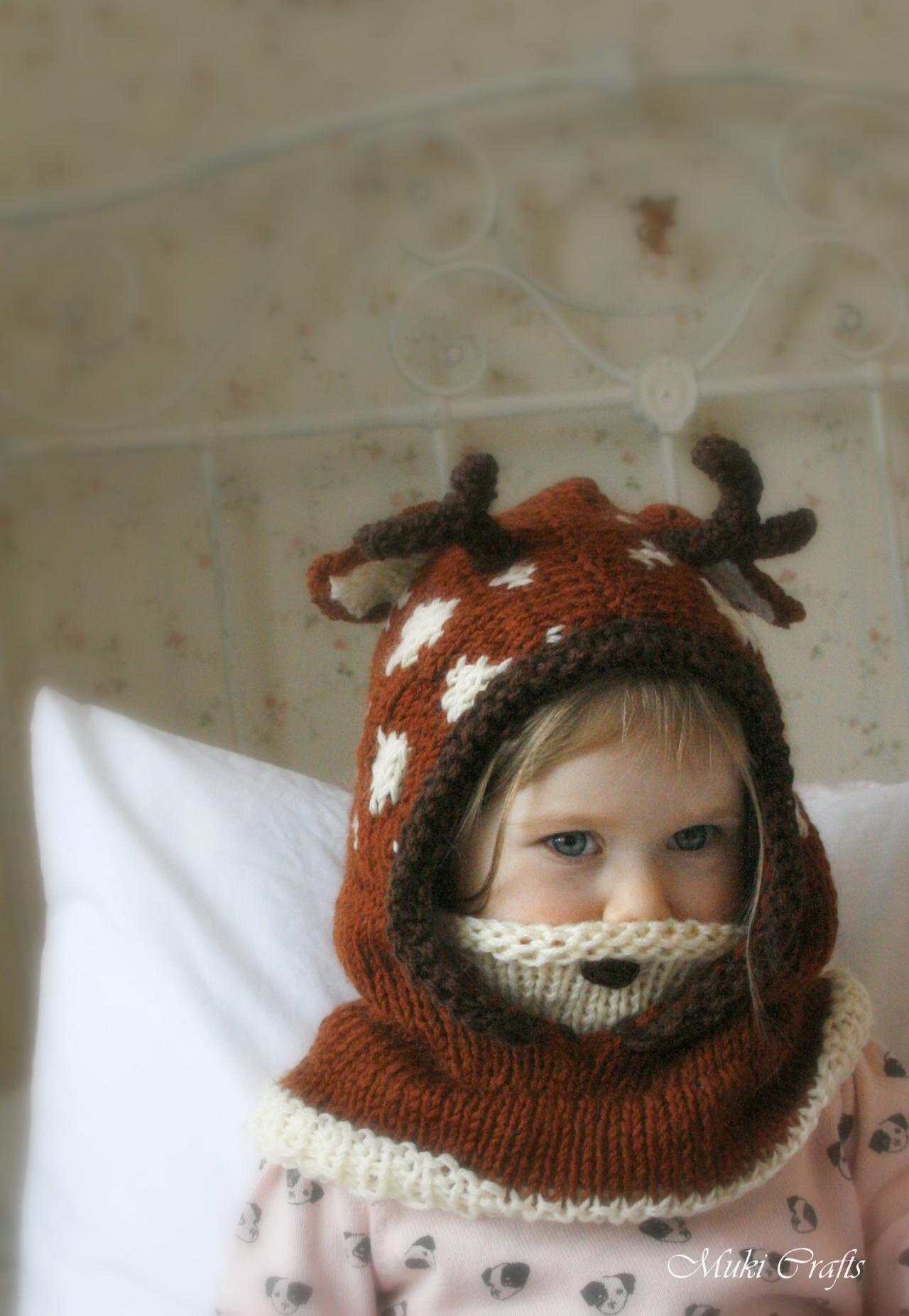 Knitting Pattern Hooded Cowl Deer Fawn Bambi Baby Toddler Child Adult Sizes