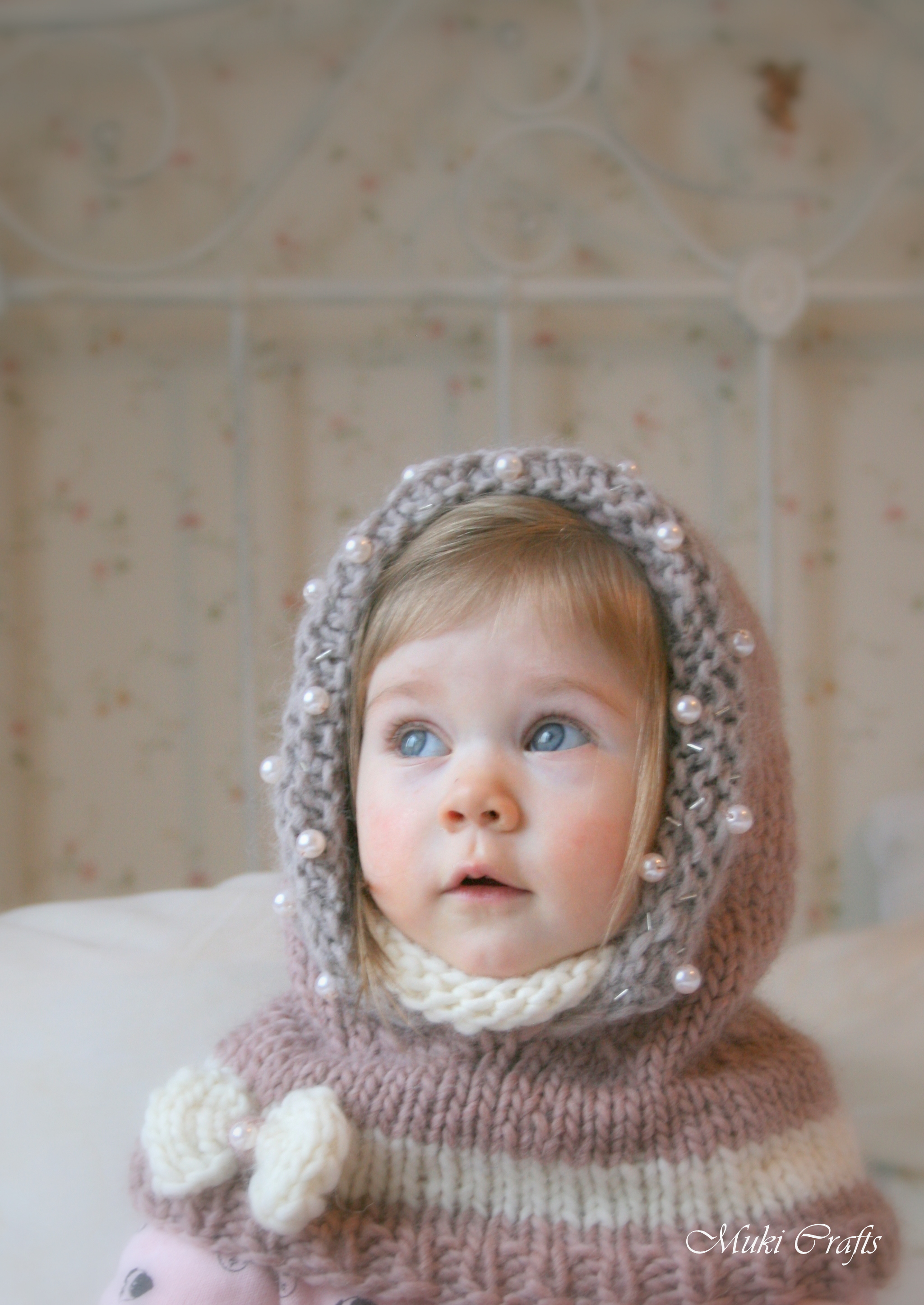 Knitting Pattern Hood Cowl Adele With Beads And A Bow Baby Toddler Child Adult Sizes